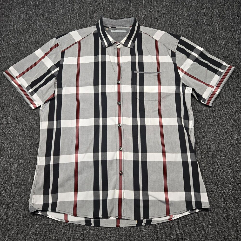 7 Diamonds Mens Shirt XXL 2XL Plaid Black Gray Red Short Sleeve Button Down